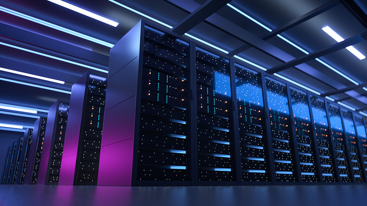 Working Data Center Full of Rack Servers and Supercomputers, Modern Telecommunications, Artificial Intelligence, Supercomputer Technology Concept.3d rendering,conceptual image.